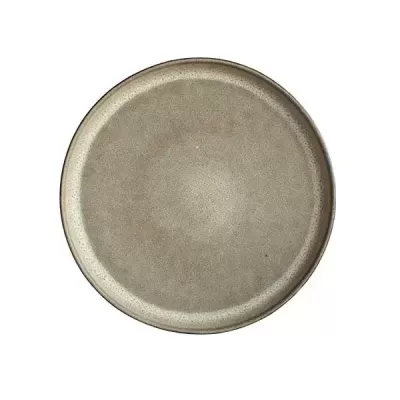 Prato redondo de cerâmica bege acinzentado visto de cima