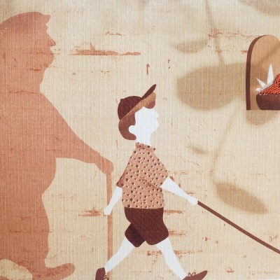 Ilustração de menino a puxar brinquedo de rodas e sombra de homem numa parede