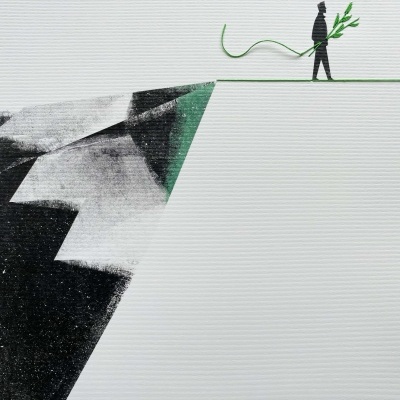 Arte minimalista de homem negro com ramo verde sobre formação abstrata