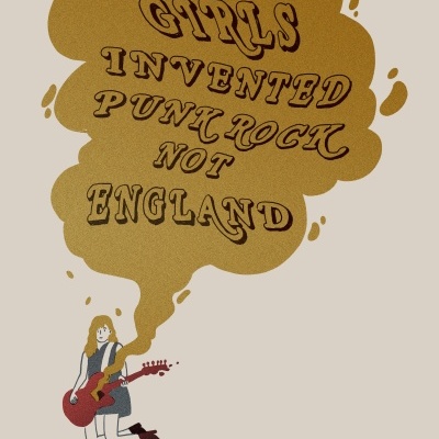 Desenho de rapariga com guitarra vermelha e texto em nuvem castanha