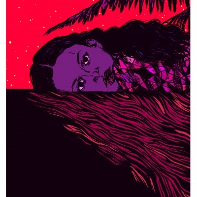 Ilustração de mulher roxa com fundo vermelho estrelado e assinatura