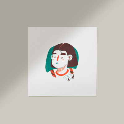 Ilustração de personagem feminina em fundo branco quadrado sobre superfície cinza.