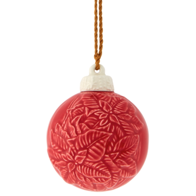 Ornamento de Natal esférico vermelho com padrão de folhas em relevo e fio para pendurar