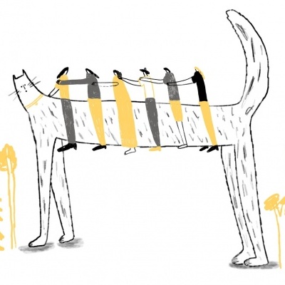 Desenho estilizado de gato com pássaros e plantas amarelas