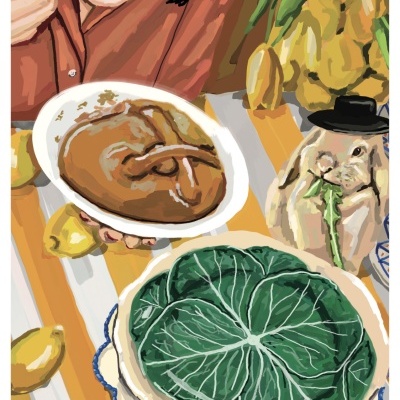 Mesa com pão, folhas verdes, limões, mulher a comer e coelho com chapéu preto.