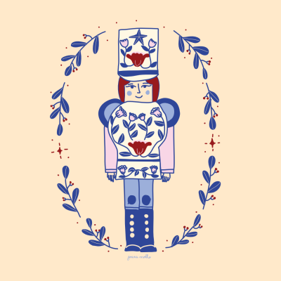 Boneco soldado nutcracker com flores e ramos azuis e vermelhos