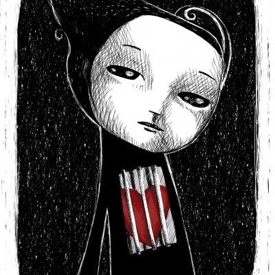Ilustração de personagem com cabelo negro e coração vermelho entre grades no peito.