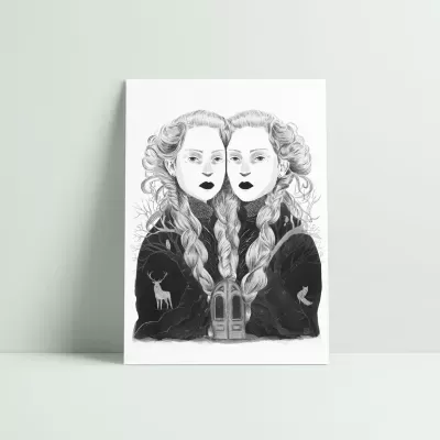 Poster ilustrado com duas mulheres idênticas e elementos na roupa