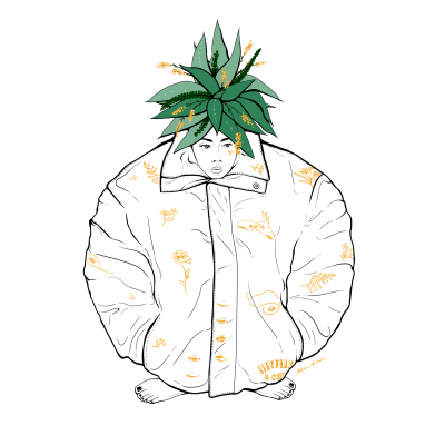 Ilustração de pessoa com casaco branco e planta verde na cabeça