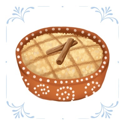 Doce em taça de barro castanha com padrão branco e decoração com paus de canela