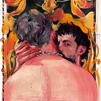 Ilustração de dois homens nus abraçados com fundo decorativo laranja.