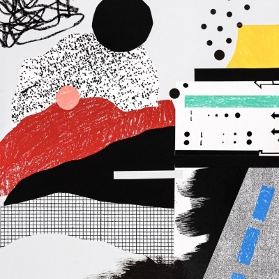 Imagem abstrata colorida com formas geométricas diversas e texturas em fundo branco