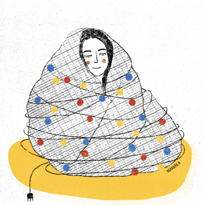 Ilustração de pessoa enrolada em cobertor branco com bolinhas coloridas sobre tapete amarelo.