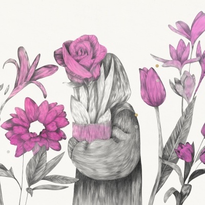 Desenho artístico de flores e folhas preto e branco com flores cor de rosa