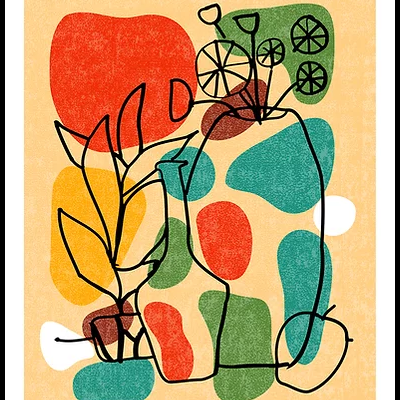Ilustração abstrata com vasos e folhas em linhas pretas e manchas coloridas no fundo