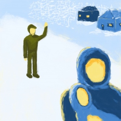 Ilustração digital de duas pessoas em ambiente nevado com casas ao fundo.