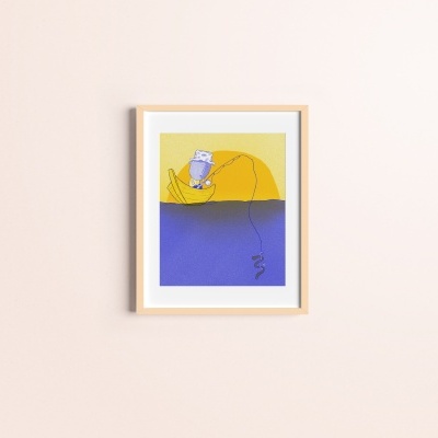 Moldura de madeira com ilustração colorida de uma pessoa a pescar