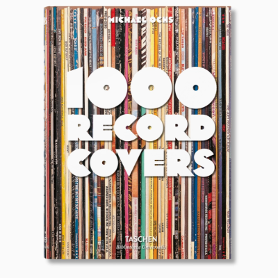 Capa de livro com lombadas coloridas de discos e texto branco em relevo