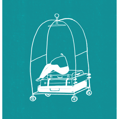 Desenho de carro de bagagem de hotel com malas e pessoa sentada