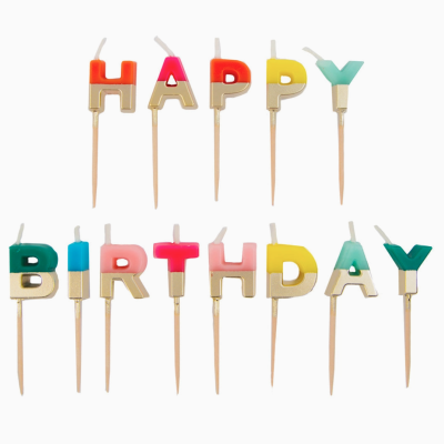Velas para bolo letras coloridas HAPPY BIRTHDAY com palitos de madeira