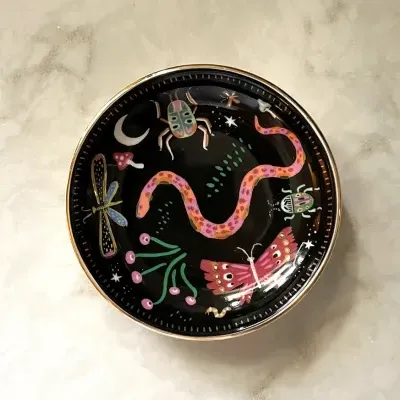 Prato decorativo de cerâmica com ilustrações de insetos e vermes em fundo preto.