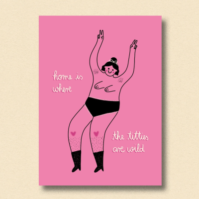 Ilustração de mulher com cuecas pretas e botas pretas em fundo rosa com texto em inglês.