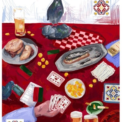 Ilustração de mesa com comida, pombos, cartas e cervejas