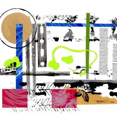 obra de arte abstrata com formas coloridas e texto parcial em português