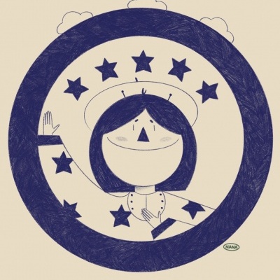 Ilustração de pessoa sorridente em círculo azul com estrelas e texto motivacional em inglês.