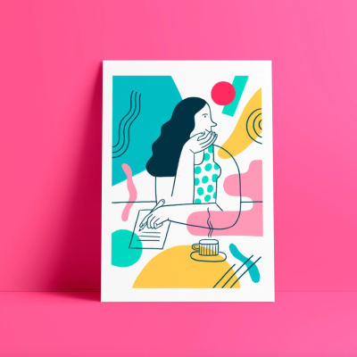 Cartaz artístico com ilustração colorida de mulher estilizada sentado e tomando café.