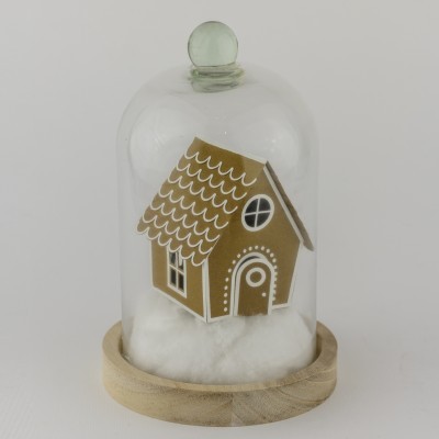 Casa de gingerbread decorativa numa redoma de vidro com base de madeira