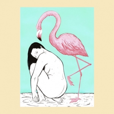Ilustração de mulher nua com flamingo rosa em fundo azul claro
