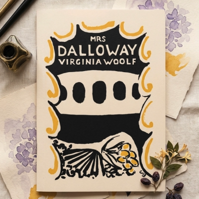 Livro Mrs Dalloway de Virginia Woolf sobre tecido com desenhos florais e canetas antigas