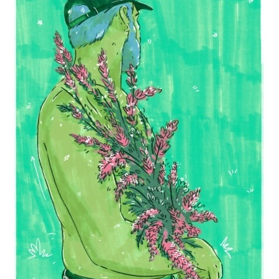 Ilustração de homem sem camisa segurando ramo de flores cor de rosa