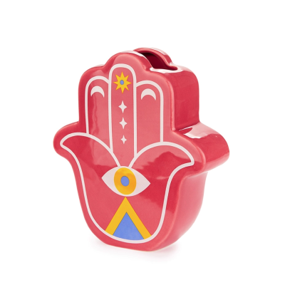 Mealheiro em cerâmica vermelha com desenho de mão e padrões coloridos