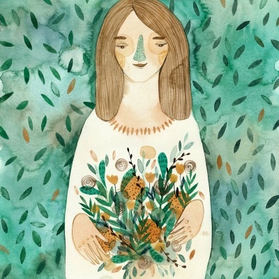 Ilustração a aguarela de mulher segurando flores com fundo verde