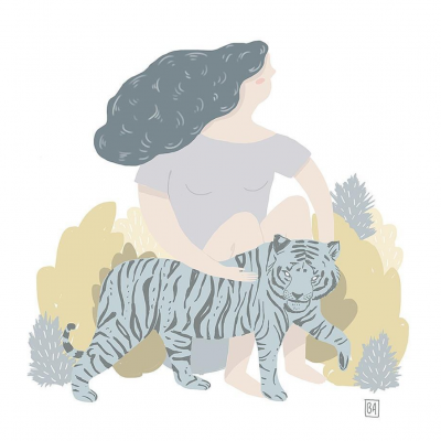 Mulher ajoelhada acariciando tigre em ilustração colorida