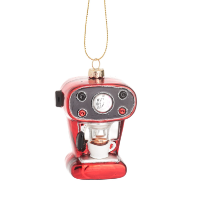 Pendente decorativo de máquina de café vermelha com chávena branca