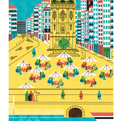 Ilustração colorida de praça urbana com edifícios, fonte amarela, pessoas e guarda-sóis