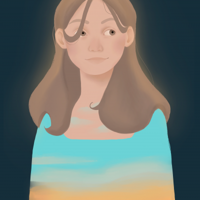 Ilustração de jovem com blusa colorida em padrão de pôr do sol