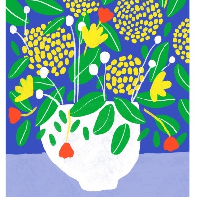 Ilustração de flores coloridas em vaso branco sobre fundo azul