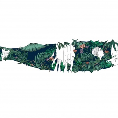 Desenho de um pássaro decorativo com padrão de folhagem e figuras esculpidas em branco.