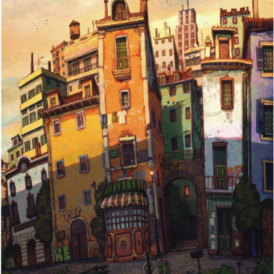 Ilustração de edifícios altos coloridos numa rua com céu azul