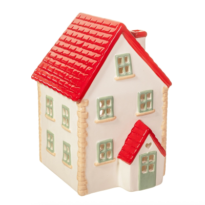 Miniatura de casa decorativa em cerâmica com telhado vermelho e paredes brancas