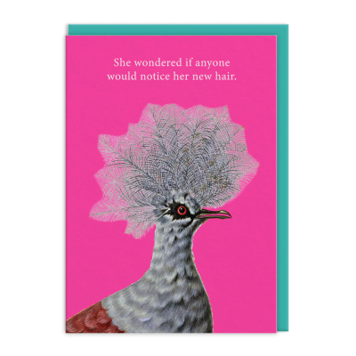 Cartão rosa com ilustração de pássaro e texto em inglês sobre cabelo novo.