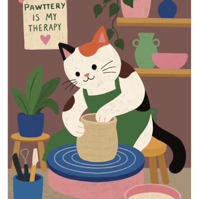 Gato a fazer cerâmica com planta e cartaz na parede