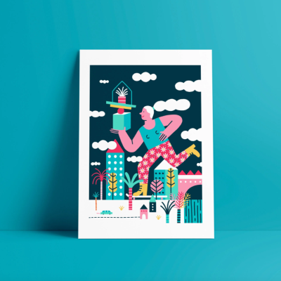 Poster colorido com ilustração estilizada de figura humana e elementos urbanos e naturais