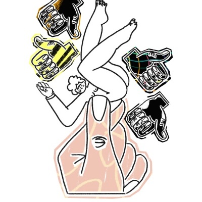 Ilustração artística com dedo gigante segurando figura humana e quatro polegares para baixo, texto em português e inglês