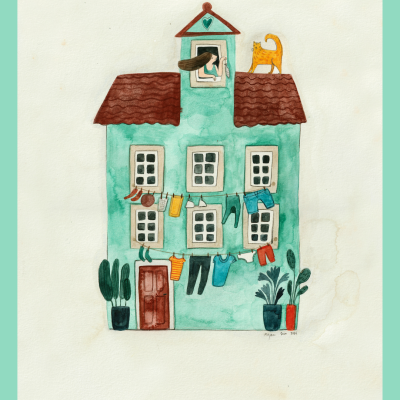 Desenho de casa verde com telhado castanho, roupas penduradas e gato no telhado