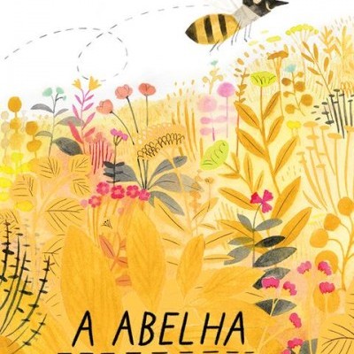 Capa de livro ilustrada com uma abelha sobre flores e folhas coloridas
